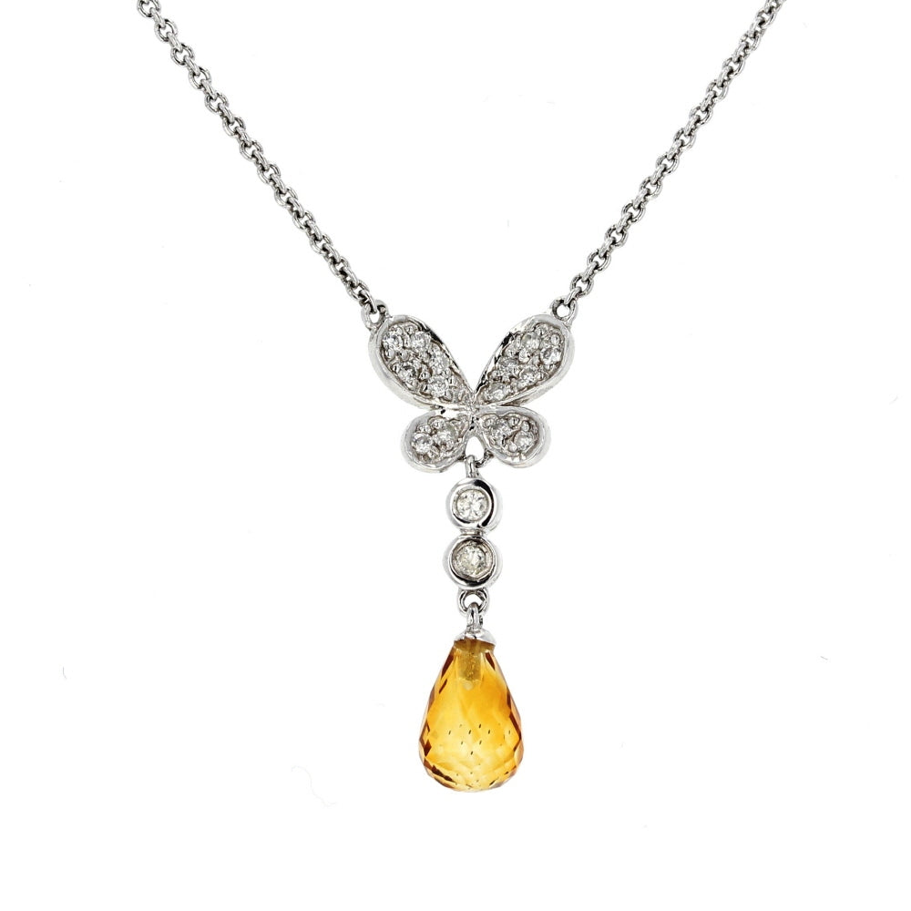 White Gold Diamond & Citrine Butterfly Pendant Necklace