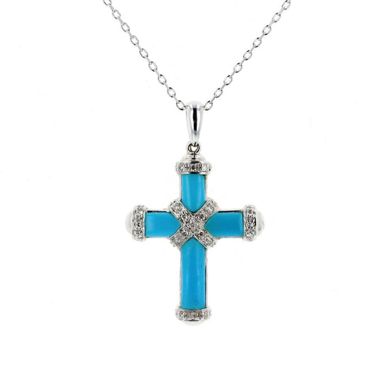 White Gold Cross Diamond & Turquoise  Pendant