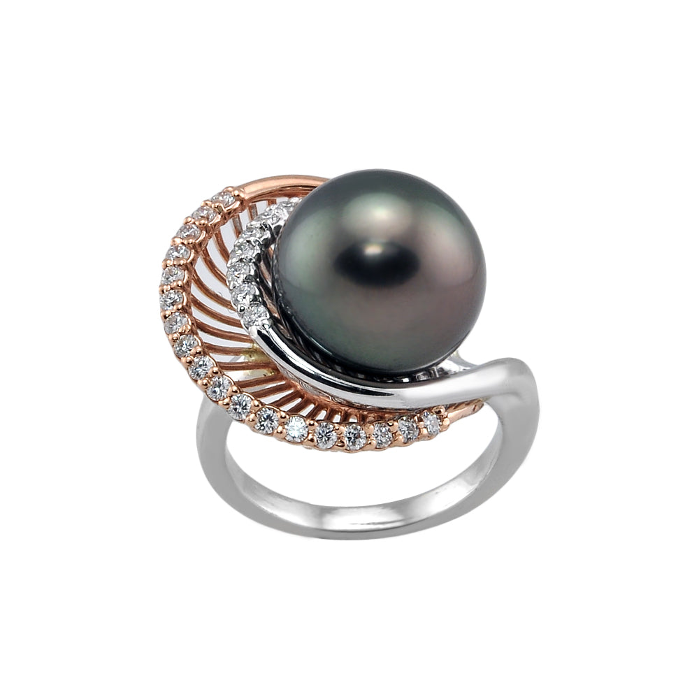 Black Pearl & Diamond Two Tone Gold Ring