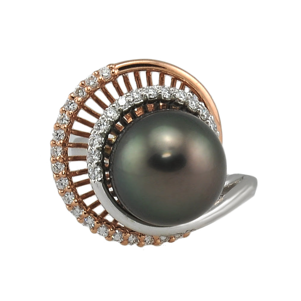 Black Pearl & Diamond Two Tone Gold Ring