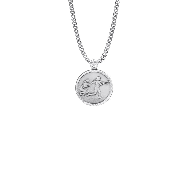 Round Nickel Silver Girl's Softball Player Medal with St. Christopher on Back