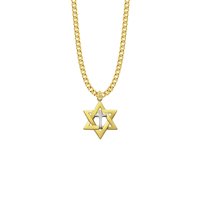 Gold Plated Over Sterling Silver Two-Tone Star of David with Cross Necklace