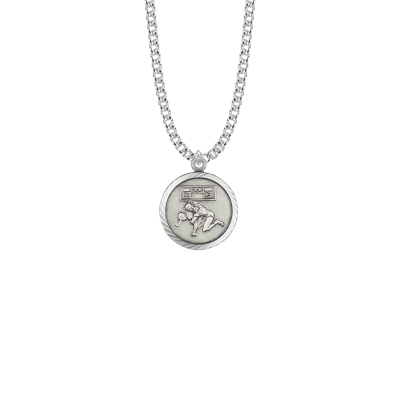 Round Sterling Silver Boy's Wrestler Medal with Cross on Back