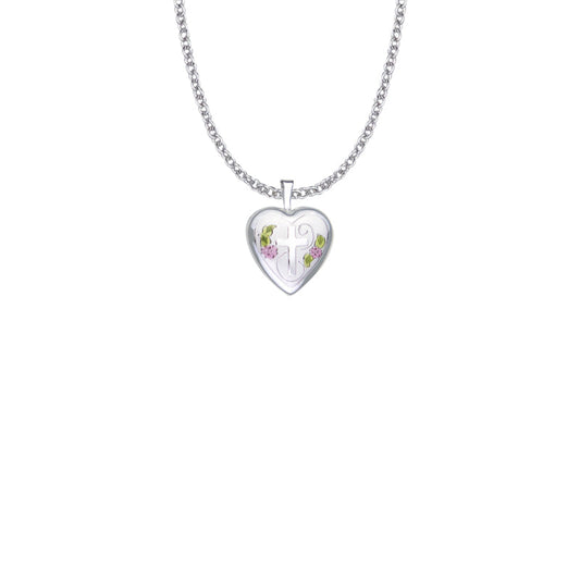 Sterling Silver and Enameled Rose with Cross on Heart Locket Necklace