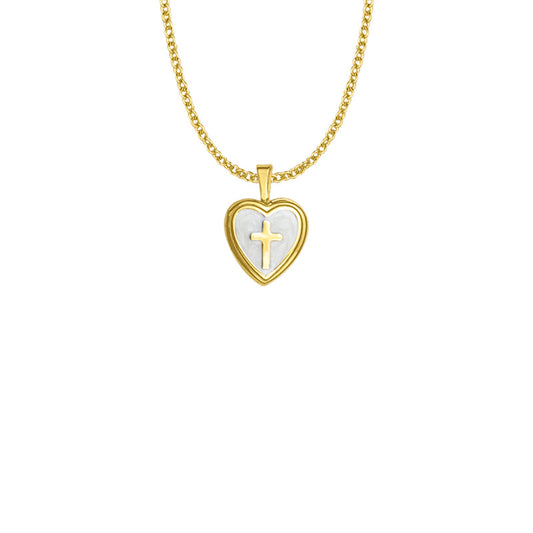 Gold Plated Over Sterling Silver Cross and Mother of Pearl Heart Locket Necklace