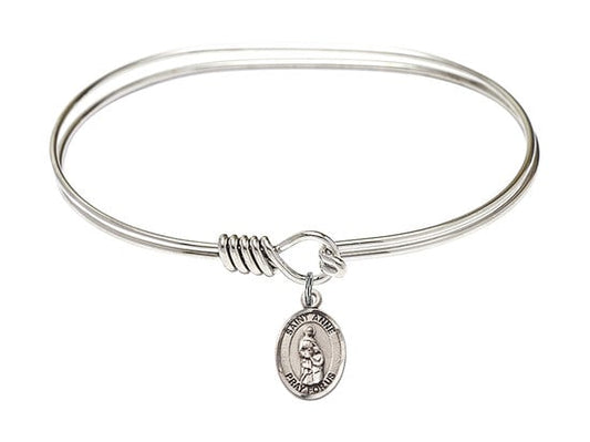 Saint Anne Sterling Silver Charm on a 7 inch Oval Eye Hook Rhodium Bangle Bracelet