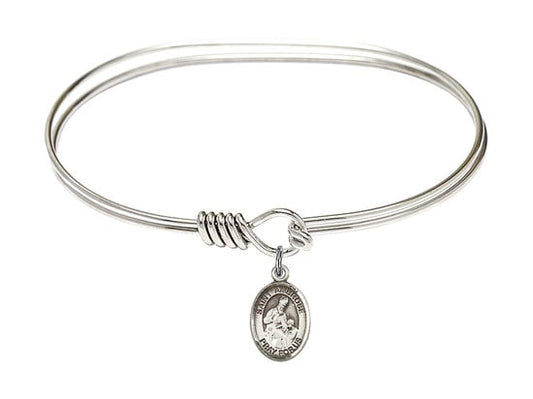 Saint Ambrose Sterling Silver Charm on a 7 inch Oval Eye Hook Rhodium Bangle Bracelet