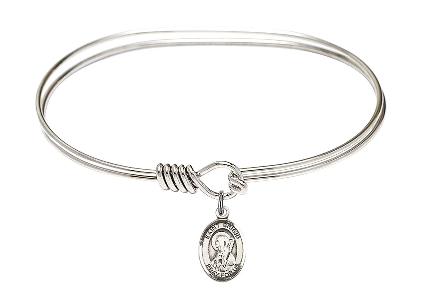 Saint Brigid of Ireland Sterling Silver Charm on a 7 inch Oval Eye Hook Rhodium Bangle Bracelet