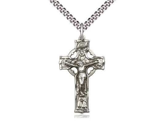 Sterling Silver Celtic Crucifix Pendant on a 24 inch Light Rhodium Heavy Curb Chain.