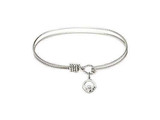 7 1/4 inch Oval Eye Hook Rhodium Bangle Bracelet with a Silver Plate Claddagh charm.