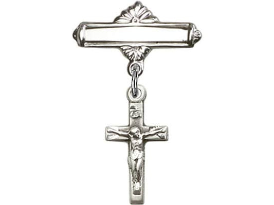 Sterling Silver Baby Badge with Crucifix Charm and Polished Badge Pin