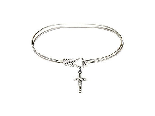 7 inch Oval Eye Hook Rhodium Bangle Bracelet with a Pewter Crucifix charm.