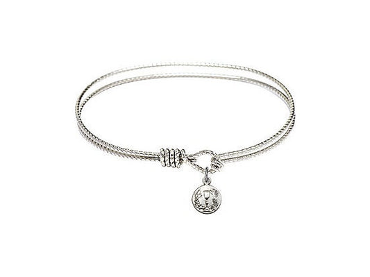 7 1/4 inch Oval Eye Hook Rhodium Bangle Bracelet with a Pewter Communion Chalice charm.