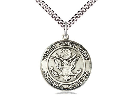 Army St Michael Sterling Silver Pendant on a 24 inch Light Rhodium Heavy Curb Chain.