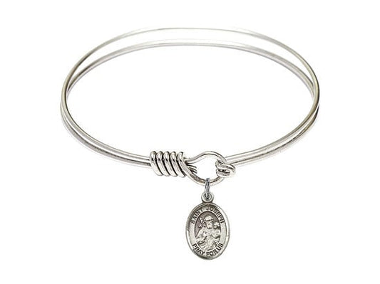 Saint Joseph Sterling Silver Charm on a 6 1/4 inch Round Eye Hook Rhodium Bangle Bracelet