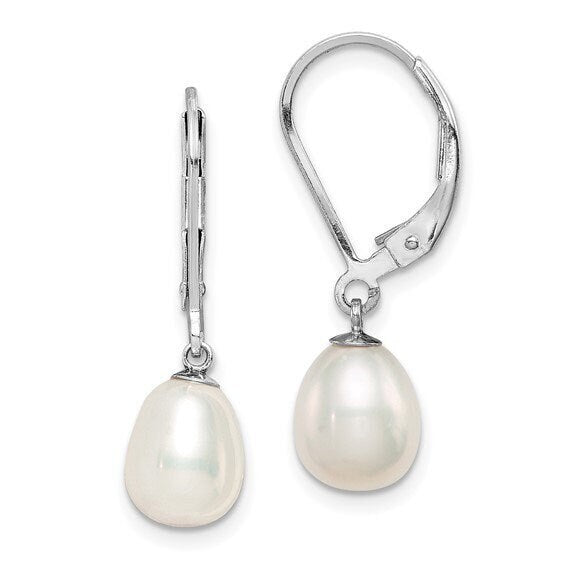 Sterling Silver 7-8mm White Freshwater Cultured Pearl Dangle Leverback Earrings