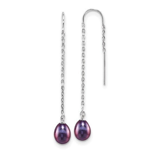 Silver 7-8mm Black Drop Fresh Water Cultured Pearl Threader Earrings