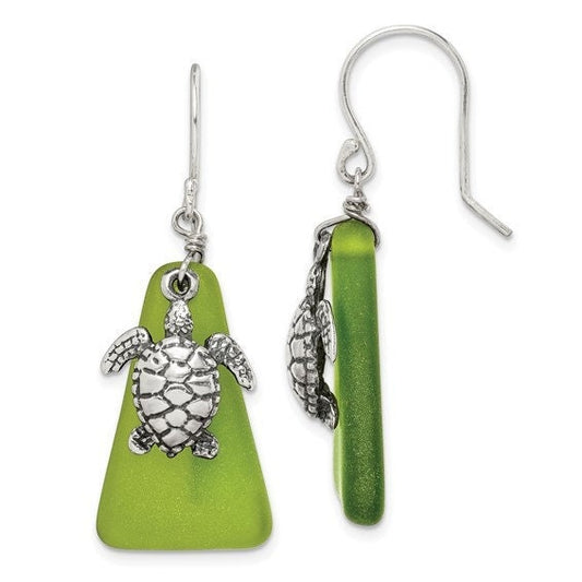 Silver Green Sea Glass Turtle Dangle Earrings